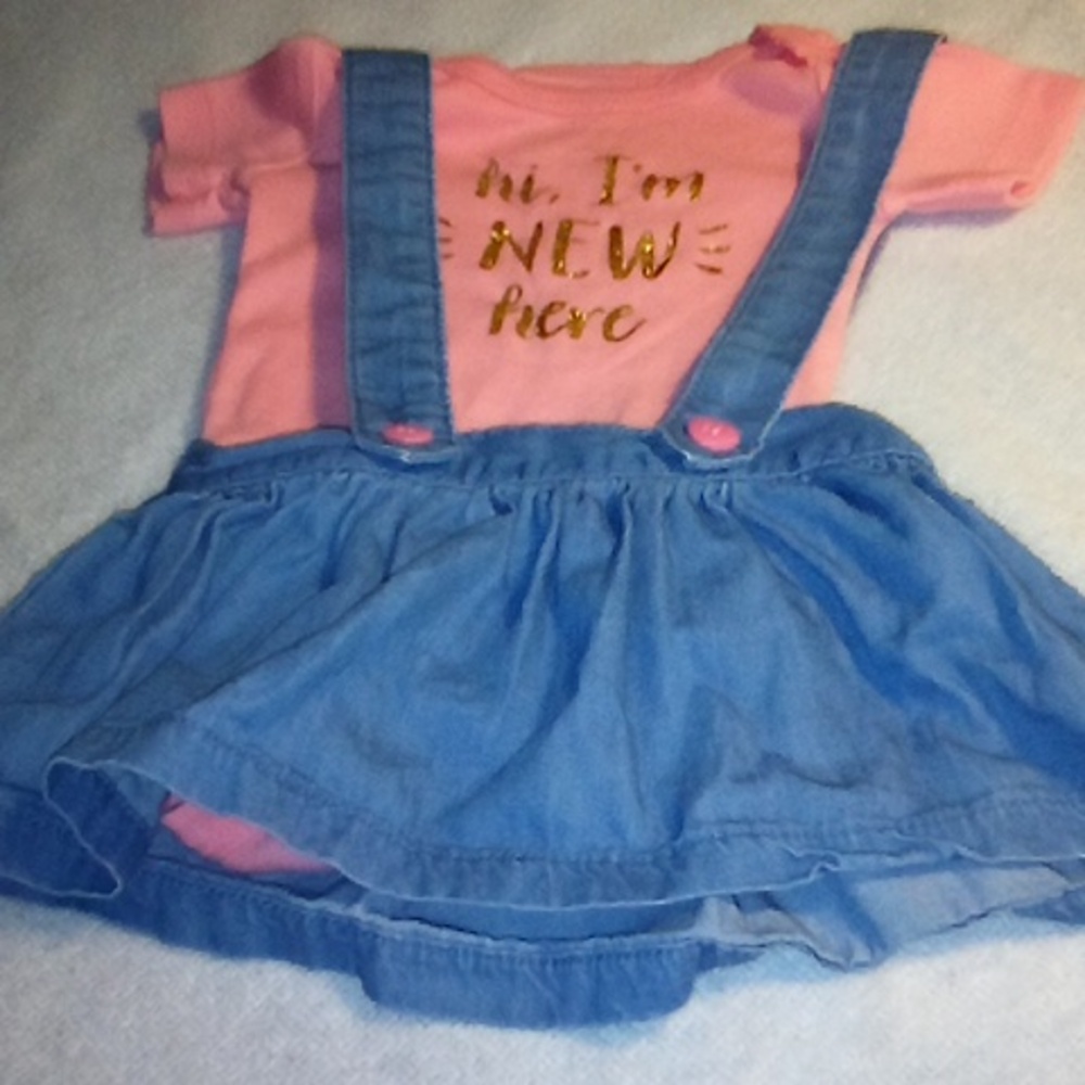Baby Cat & Jack Newborn Girl Chambray Suspender Skirt w/ Bodysuit "I'm NEW here"